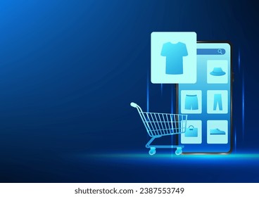 E-commerce business technology It is selling products online. Customers can order products all over the world, smartphone screens with products placed along with shopping carts.