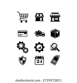 Conjunto de iconos vectoriales de comercio electrónico y negocios. Carrito de compras, tienda, entrega, pago, análisis y seguridad siluetas negras.
