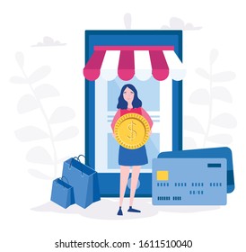 E-commerce, Buy, online payment. payment card, shopping. Vector illustration for web banner, infographics, mobile.