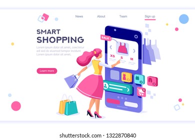 E-commerce buyer. Internet items. Banner between white background, between empty space. 3d images isometric vector illustrations. Interacting people