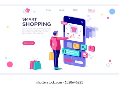 E-commerce buyer. Internet items. Banner between white background, between empty space. 3d images isometric vector illustrations. Interacting people