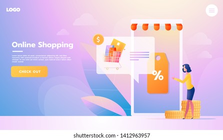 E-commerce buyer. Internet items. Banner young woman shopping online. vector illustrations. Interacting people