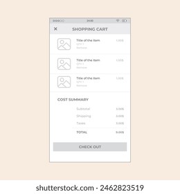Ecommerce Cart 1(shopping cart). Vector mobile wireframe editable design for mobile, with sample data and real user interface graphic details ready for ux and ui projects.