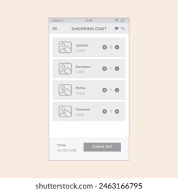 Ecommerce Cart 2 (shopping cart). Vector mobile wireframe editable design for mobile, with sample data and real user interface graphic details ready for ux and ui projects.