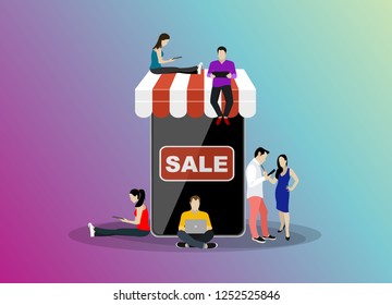 E-commerce cart concept illustration of young people using mobile gadgets such as tablet and smartphone for online purchasing and ordering goods. Flat guys and women sitting on the ecommerce symbol