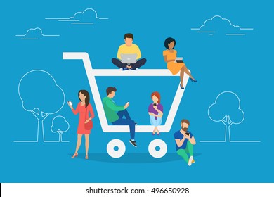 E-commerce cart concept illustration of young people using mobile gadgets such as tablet and smartphone for online purchasing and ordering goods. Flat guys and women sitting on the ecommerce symbol