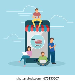 E-commerce cart concept illustration of young people using mobile gadgets such as tablet and smartphone for online purchasing and ordering goods. Flat guys and women sitting on the ecommerce symbol