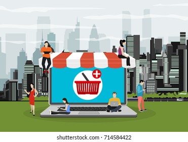 E-commerce cart concept illustration of young people using mobile gadgets such as tablet and smartphone for online purchasing and ordering goods. Flat guys and women sitting on the ecommerce symbol