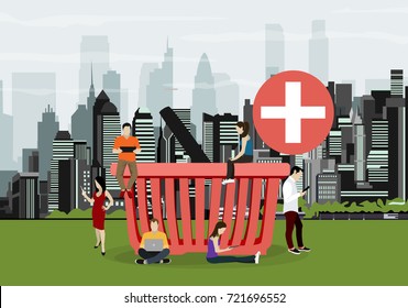 E-commerce cart concept illustration of young people using mobile gadgets such as tablet and smartphone for online purchasing and ordering goods. Flat guys and women sitting on the ecommerce symbol