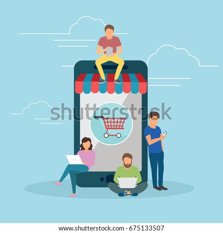 E-commerce cart concept illustration of young people using mobile gadgets such as tablet and smartphone for online purchasing and ordering goods. Flat guys and women sitting on the ecommerce symbol