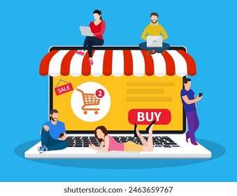 E-commerce cart concept. people using mobile gadgets such as tablet and smartphone for online purchasing and ordering goods. Online shop. Web store. Vector illustration in flat style