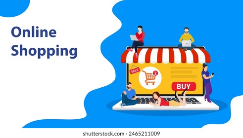 E-commerce cart concept. people using mobile gadgets such as tablet and smartphone for online purchasing and ordering goods. Online shop. Web store. Vector illustration in flat style