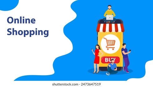 E-commerce cart concept. people using mobile gadgets such as tablet and smartphone for online purchasing and ordering goods. Online shop. Web store. Vector illustration in flat style