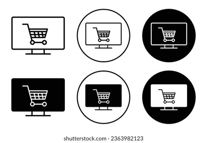 eCommerce cart icon. Online product shopping trolley cart symbol set. Computer or laptop screen with e basket to store vector sign. commerce store market for consumer line logo.