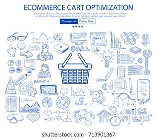Ecommerce cart optimization concept with Business Doodle design style: online carts, sales and offers, best timing. Modern style illustration for web banners, brochure and flyers.