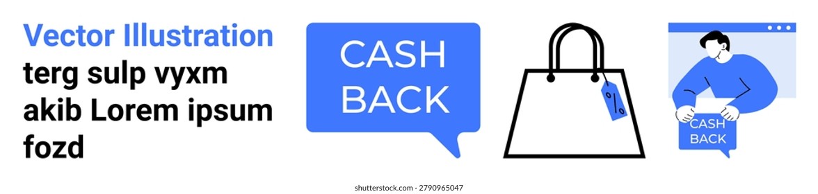 Ecommerce, cashback programs, online shopping, loyalty systems, digital rewards, consumer benefits. Shopping bag with tag, speech bubble online shopper. Cashback programs and ecommerce concept