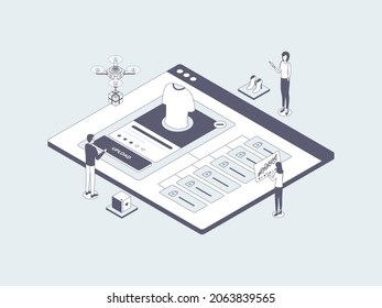 E-Commerce Catalog Upload Isometric Illustration Lineal Gray. Suitable for Mobile App, Website, Banner, Diagrams, Infographics, and Other Graphic Assets.