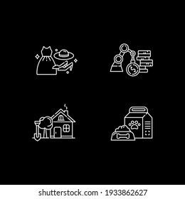Ecommerce categories white linear icons set for dark theme. Fashion and clothes. Veterinary supplies. Night mode customizable thin line symbols. Isolated vector outline illustrations. Editable stroke