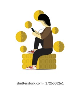 Ecommerce character vector design with girl on phone sitting on coin stack.
