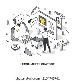 Ecommerce chatbot. AI powered virtual assistant interact with customer on every stage on his shopping journey. Online shopping concept. Isometric vector illustration with isolated objects