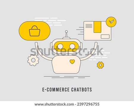 E-commerce chatbot - Offer shopping assistance and ai customer support. Cross-Sell, Upsell with AI. Chatbot to recover abandoned carts, easy order tracking and updates. Isolated vector illustration