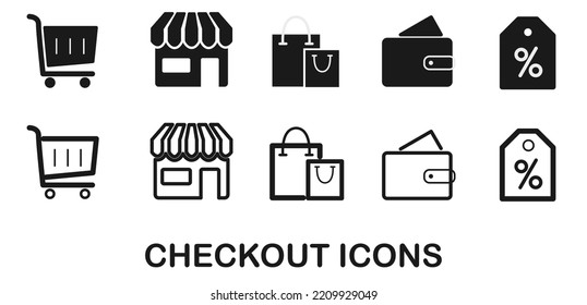 E-commerce Checkout icons. Saas. Illustrations of marketplace, shop, shopping bags, cart, wallet, credit cards, discount label. Both outline and filled versions available. Editable stroke vectors.