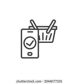 E-commerce, checkout line icon. linear style sign for mobile concept and web design. Shopping basket and phone with check mark outline vector icon. Symbol, logo illustration. Vector graphics