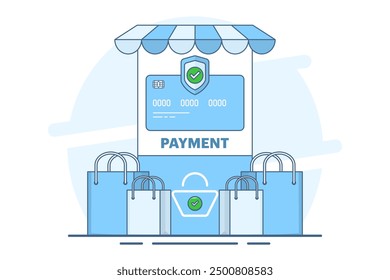 Concepto de página de Completar compra de comercio electrónico con método de pago en Carrito de compras, pasarela de pago segura. Seleccionar y activar un método de pago móvil adecuado para una experiencia de compra en línea sin problemas. Vector.