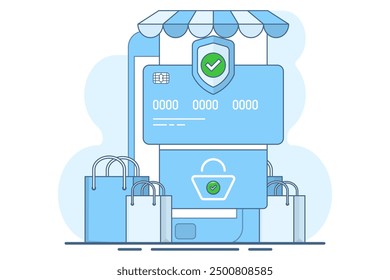 Concepto de página de Completar compra de comercio electrónico con método de pago en Carrito de compras, pasarela de pago segura. Seleccionar y activar un método de pago móvil adecuado para una experiencia de compra en línea sin problemas. Vector.