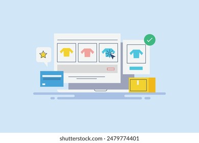 eCommerce checkout page, Customer securely making on eCommerce website, eCommerce technology for online shopping - thin line vector illustration with icons