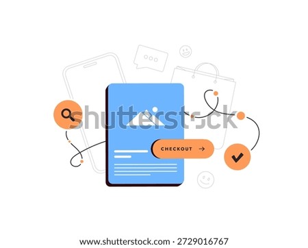 E-commerce checkout process with links search magnifying glass, shopping bag, emoji smiley chat, smartphone with product card button. Online purchase flow customer journey concept vector illustration
