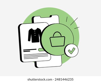 Completar compra de comercio electrónico con Carrito de compras, resumen de pedidos, pasarela de pago seguro. Opciones de Completar compra móvil y sin contacto para una experiencia de compra online sin problemas. Ilustración vectorial aislada con iconos