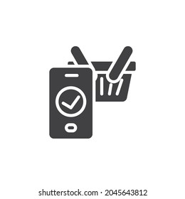 E-commerce, checkout vector icon. filled flat sign for mobile concept and web design. Shopping basket and phone with check mark glyph icon. Symbol, logo illustration. Vector graphics