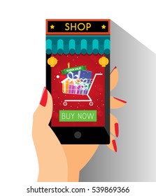 E-Commerce Chinese New Year Shop Online Shopping Cart Web Site Product Page Mockup Template Layout with Woman Hand Holding Smartphone Vector Illustration