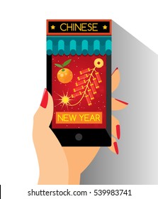 E-Commerce Chinese New Year Shop Online Shopping Web Site Tangerine and Firecracker Product Page Mockup Template Layout with Woman Hand Holding Smartphone Vector Illustration