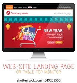 E-Commerce Chinese New Year Shop Online Shopping Web Site Tangerine and Firecracker Shoppin Cart Product Page Mockup Template Layout on Tabletop Monitor Vector Illustration
