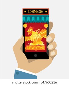 E-Commerce Chinese New Year Shop Online Shopping Web Site Fire Rooster Martial Arts Character  Product Page Mockup Template Layout with Man Hand Holding Smartphone Vector Illustration