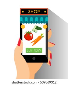 E-Commerce Chinese Shop Online Shopping Web Site Tomato Cucumber Carrot Product Page Mockup Template Layout with Woman Hand Holding Smartphone Vector Illustration