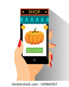 E-Commerce Chinese Shop Online Shopping Web Site Pumpkin Product Page Mockup Template Layout with Woman Hand Holding Smartphone Vector Illustration