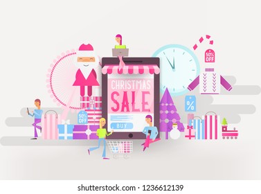 E-commerce Christmas Sale Banner - Santa Claus, Snowman and Young People who Do Online Mobile Shopping near Big Smartphone with Store Shop. Vector Illustration for Mobile Apps and Web Site Design.