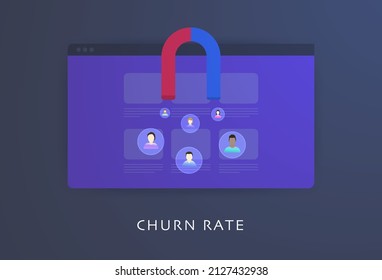 Ecommerce Churn Rate concept. Marketing Metric of the number of customers your business retains and at what value cost. Flat design vector illustration with website and magnet that attracts customers