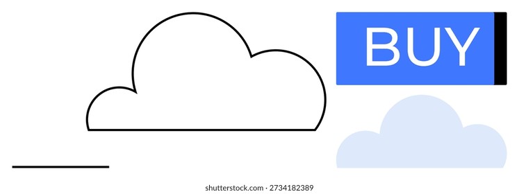 E-commerce, cloud storage, digital marketplace, online transactions, technology services, internet economy. Abstract cloud shapes with a blue buy button. E-commerce and cloud storage concept
