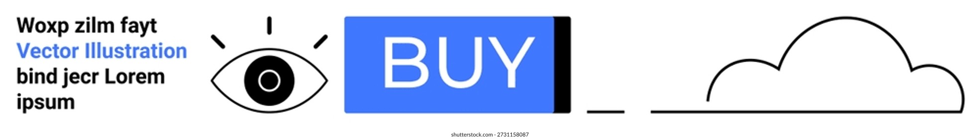 E-commerce, cloud storage, digital purchase, user interface, technology, online services. Eye icon, blue buy button cloud outline. E-commerce and cloud storage concept