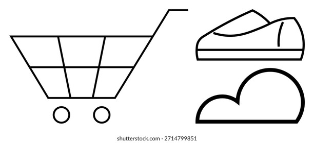 Comércio eletrônico, armazenamento em nuvem, compras digitais, varejo on-line, análise de vendas, negócios modernos. Contorno de um carrinho de compras, nuvem e sapato. Conceitos de comércio eletrônico e armazenamento em nuvem