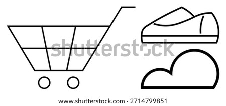 E-commerce, cloud storage, digital shopping, online retail, sales analytics, modern business. Outline of a shopping cart, cloud and shoe. E-commerce and cloud storage concepts