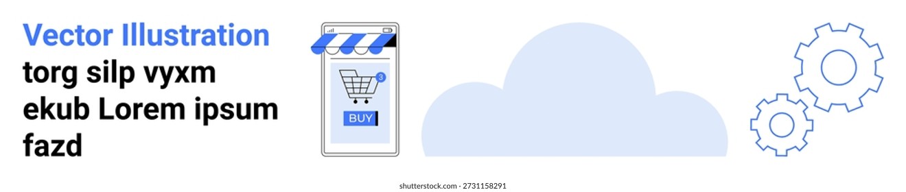 Comercio electrónico, almacenamiento en la nube, compras en línea, marketing digital, optimización de la tecnología, compras futuristas. Teléfono con icono de tienda, iconos de engranaje de forma de nube. Concepto de comercio electrónico y almacenamiento en la nube