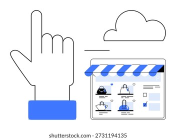 Comercio electrónico, almacenamiento en la nube, compras en línea, seguridad digital, interfaz de usuario y navegación. Una mano interactúa con una interfaz de e-store bajo una nube. Concepto de comercio electrónico y tecnología de compras en línea
