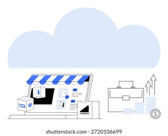 Comercio electrónico, tecnología en la nube, crecimiento empresarial, marketing digital, venta minorista en línea, ventas por Internet. Un escaparate en línea bajo una nube con iconos financieros y comerciales. Comercio electrónico y tecnología en la nube