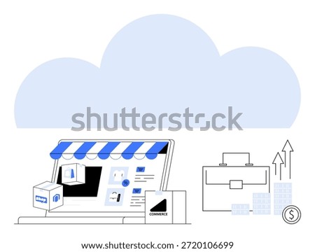 E-commerce, cloud technology, business growth, digital marketing, online retail, internet sales. An online storefront under a cloud with financial and business icons. E-commerce and cloud technology