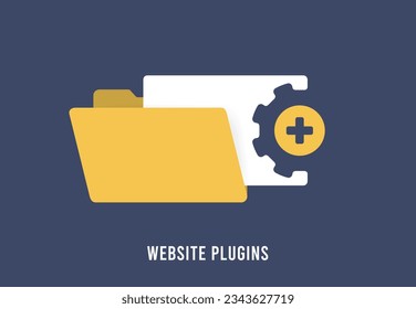 Ecommerce CMS Website Plugins vector icon with yellow folder and files concept. Website plugins for boosting digital marketing, UX and SEO. Web Developer Extensions and plug-ins in flat design